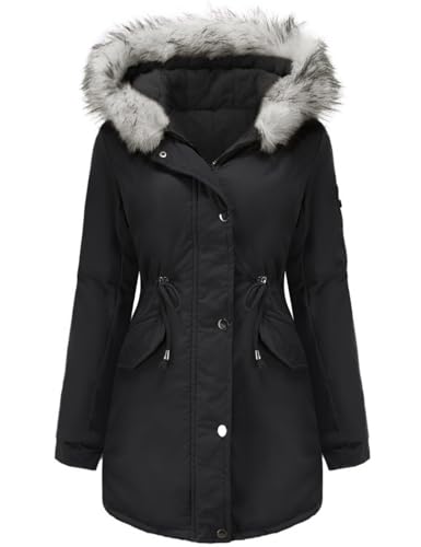 Tuopuda Winterjacke Damen Lang Wintermantel Warm Winter Jacke mit Kapuze Reißverschluss Parka Fleece Gefüttert Mantel Langarm Hooded Jacket Schwarz Kapuzenjacke, Schwarz, XL