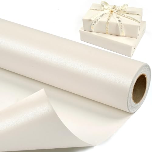 Weiß Geschenkpapierrolle, Einfarbiges Geschenkpapier mit Perlmutt, Geschenkpapier glitzer für Mädchen Frauen, Geschenkverpackung Papier für Geburtstag, Hochzeit, Valentinstag, Muttertag, 43 cm x 10 m