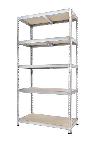 TKT – Work System Steckregal mit Holzböden & Unterzug 180x92x46cm - Verzinktes Regal mit 265kg Tragkraft pro Boden. Schwerlastregal mit 5 Böden für Werkstatt, Wohn- & Kellerraum