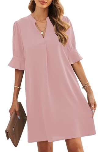 ANFTFH Kleid Damen Sommer Atmungsaktive V-Ausschnitt Rüschen Kurzarm Midi Slim Kleid Grau Rosa M