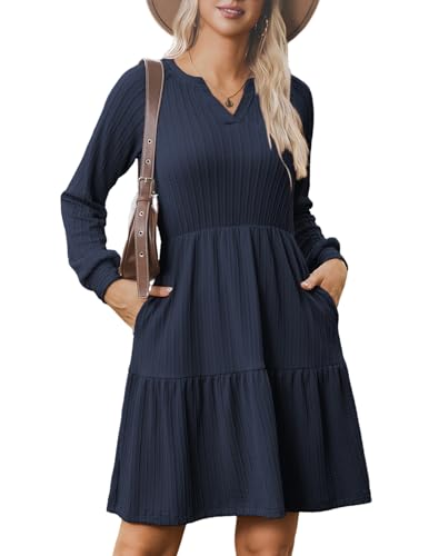 Zeagoo Kleid Winter Damen Strickkleid Elegant V-Ausschnitt Skaterkleid A Linie Rippen Pulloverkleid Hemdkleid mit Taschen Navy Blau L
