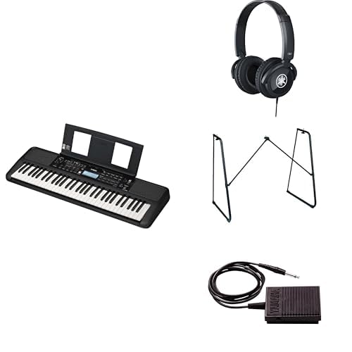 Yamaha Tragbares PSR-E383 Keyboard für Anfänger im Paket mit HPH-100-Kopfhörern, L-2C-Keyboardständer und Sustain-Pedal