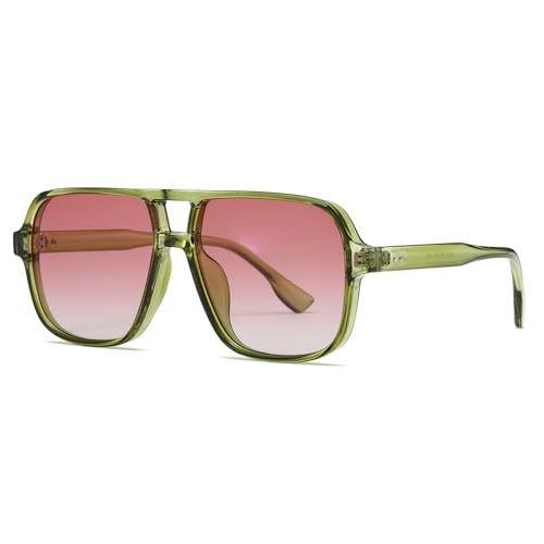 Long Keeper Retro Pilot Sonnenbrille Pilotenbrille Herren Damen Quadratisch Sonnenbrille Groß 70er Klassisch Eckige Pilot Retro Brille UV400 (Grün Rahmen - Farbverlauf Rosa Linse)