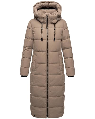 MARIKOO Damen Wintermantel warmer Steppmantel lang mit abnehmbarer Kapuze Nadeshikoo XVI Taupe Grey Gr. S