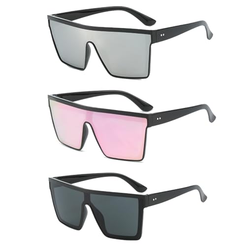 HTTDSLF 3 Stück Retro Square Sonnenbrille Damen Herren, Groß Mode Flat Top Big Rahmen Shades, Quadratische übergroße Sonnenbrille für Damen und Herren, mit UV400 Schutz