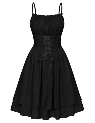 SCARLET DARKNESS Damen Rockabilly Sonnenkleid Elegant Hohe Taille Einfarbig Freizeit Kleid Schwarz M