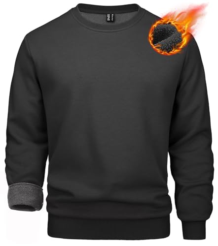 MAGCOMSEN Herren Classics Pullover Baumwolle Crewneck Sweatshirt Warm Sport Shirts Herren Basic Rundhalsausschnitt Laufshirt Fleece Outdoor Pulli Gefüttert Arbeitsshirt Schwarz L