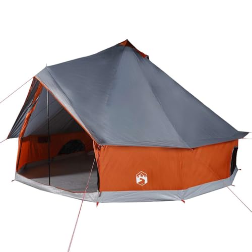 vidaXL Tipi Familienzelt 6 Personen, Campingzelt mit Netzwände, Wasserdicht Tipizelt mit E-Anschluss, Gartenzelt, Grau Orange 185T Polyester
