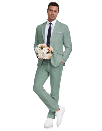 Aowdoy Herren Leinenanzug 2-teilig Slim Fit Sommer Strand Hochzeit Kleid Smoking Abschlussball Anzug Blazer Jacke und Hose, Hellgrün, L