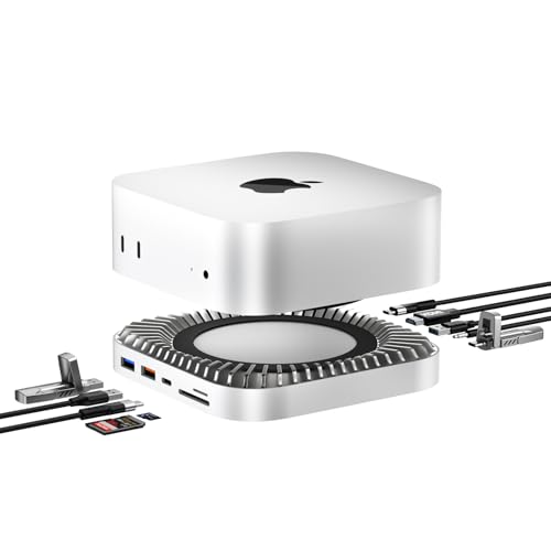 Mac Mini M4 Dock, Aluminium-Mac Mini-Ständer und HDMI-Hub für Mac Mini M4 und M4 Pro 2024 mit M.2 NVMe/SATA SSD-Gehäuse, 4K60Hz HDMI, 10G USB A/C, 5G USB A*2, USB-C-Ladung, SD/TF, Audio