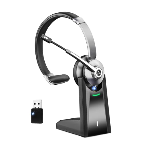 Bluetooth Headset mit Mikrofon,Kabelloses Headset mit USB Dongle & Ladestation, Wireless Office Headset mit Stummschaltung & Rauschunterdrückung Mikrofon für Computer/Call Center/Büro/HomeOffice/Teams
