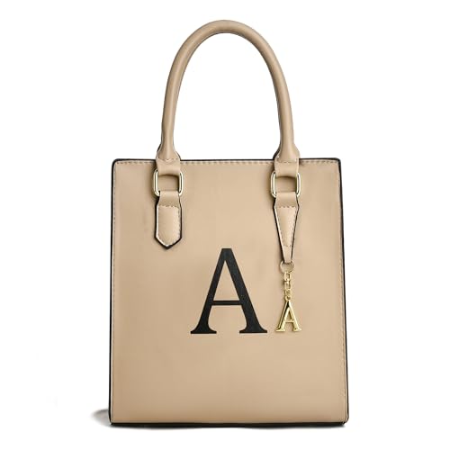 I IHAYNER Damen-Tasche Personalisierte Tasche mit Initialen und Henkel für Damen Kleine Lederhandtaschen mit Buchstabenanhänger Khaki-A