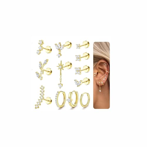 Milacolato 12Pcs Helix Piercings Chirurgenstahl Ohrringe Gold Piercing Ohrstecker Set Tragus Piercing Silber Hypoallergen Rook Daith Conch Knorpel Ohrpiercing Helix Piercings Ohr Schmuck für Damenfgw