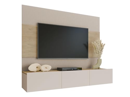 Mirjan24 Wohnwand Deromi, Anbauwand mit Wandpaneele und TV-Lowboard, Akustikplatten, Fernsehschrank, Schrankwand, Mediawand, TV-Lowboard (Sandbeige + Eiche Cremona, ohne Hängeregal)