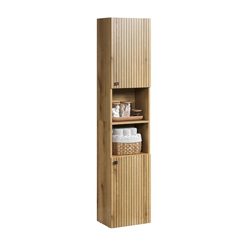 trendteam smart living - PureBliss - Hochschrank - Eiche - Badezimmerschrank in moderner Rillenoptik - edle Metallgriffe - (BxHxT) 40 x 186 x 31 cm - 2 praktische Einlegeböden - kratzfest