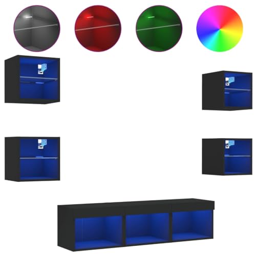 vidaXL Wohnwand 7-TLG., Schrankwand mit viel Stauraum, Anbauwand mit LED-Beleuchtung, Wandmontage Fernsehschrank Wohnzimmer Set, Schwarz Holzwerkstoff