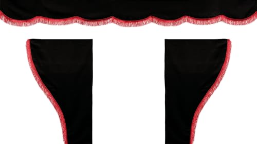 LKW Vorhänge - 3 STK. Gardinen Set in Schwarz mit roten Fransen