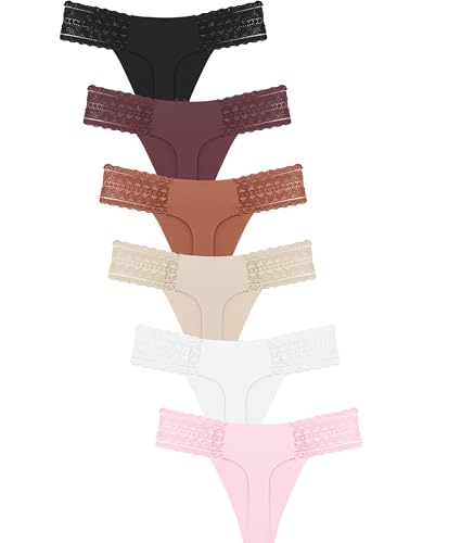 ALL OF SHE 6er Pack String Tanga Damen Nahtlose Unterwäsche Frauen Sexy Unterhosen Damen Spitze Seamless V-Waist Dessous Thong Mehrpack M