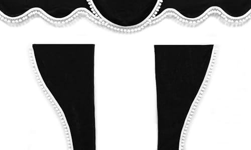 LKW Vorhänge - 3 STK Gardinen Set in Schwarz mit weißen Pompons