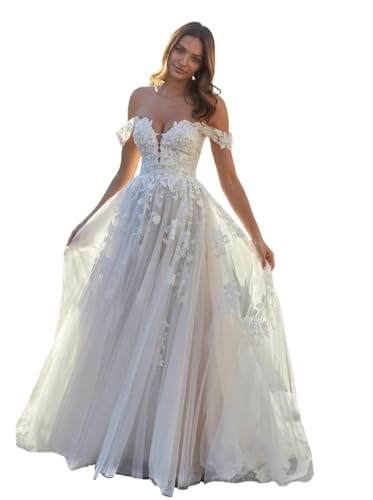 JAEDEN Off Shoulder Brautkleid Prinzessin Hochzeitskleid Spitze Standesamt Trauung Kleid Elfenbein 42