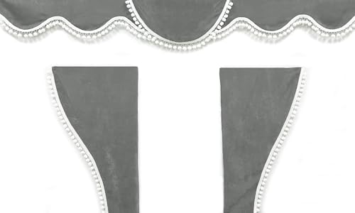 LKW Vorhänge - 3 STK. Gardinen Set in Grau mit weißen Pompons