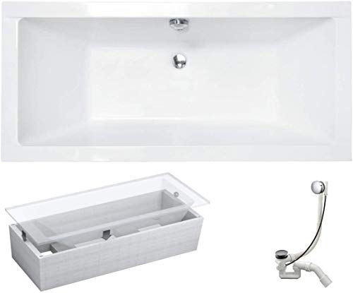 VBChome Badewanne 180x80 cm Acryl Rechteckig – Set mit Styroporträger, Ablaufgarnitur Chrom & Siphon – Modernes Design, Weiß, für 2 Personen