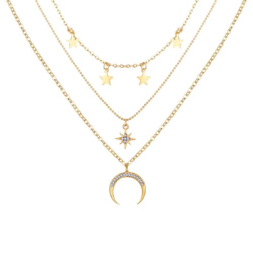 HSAJS Kette Damen Halskette Layered Set mit Stern Mond Anhänger Verstellbare Halskette Boho Kette Hypoallergene Modeschmuck Geburtstags und Weihnachten Geschenk (Gold)