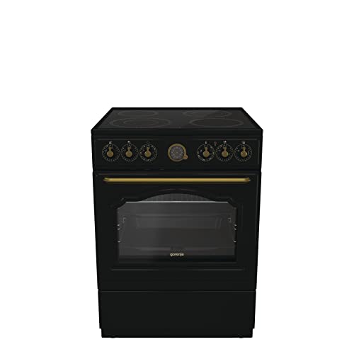 Gorenje Classico GECS 6 B70CLB Elektrostandherd mit Glaskeramik-Kochfeld/Retro Design / 60cm / 71 Liter/Gentle Close/Schnellaufheizung/AirFry/ExtraSteam/Pizzamodus/AquaClean/schwarz
