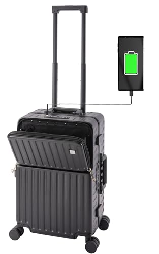 Travelhouse Roma Handgepäck Koffer mit USB Anschluss, Getränkehalter, Alu-Rahmen, PC Hartschale, Trolley, Bordkoffer Rollkoffer Cabin Case 55x35x23 cm, Schwarz