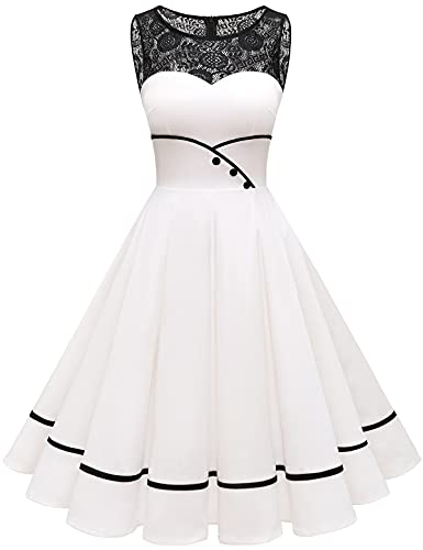 Bbonlinedress Weißes Kleid Rockabilly Kleid Damen Sommerkleid Abendkleider elegant für Hochzeit Jugendweihe Kleider Spitzenkleid Cocktailkleid -2Ivory XL