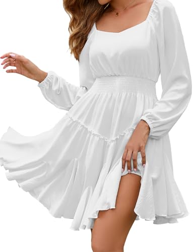 Beluring Minikleid Damen Elegant Langarm Kleider A-Linie Square Neck Tunika Kleid Hochzeitsgast Partykleid Weiß XXL
