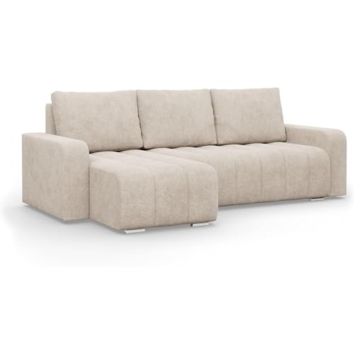 Mebligo - Ecksofa mit Schlaffunktion und Betkasten 237 cm Breit Abrielle, Eckcouch Universelle Form, Sofa mit Bonell Federkern, Couch Wohnzimmer, Ecke Sofa - Beige (Abriamo 03)