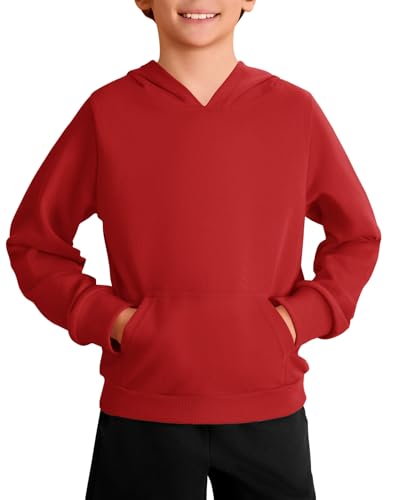 Haloumoning Jungen Kapuzenpullover Langarm Mode Hoodie Kinder Einfarbig Casual Regular Fit Hooded Sweatshirt mit Kängurutasche 5-14 Jahre, Rot, 11-12 Jahre