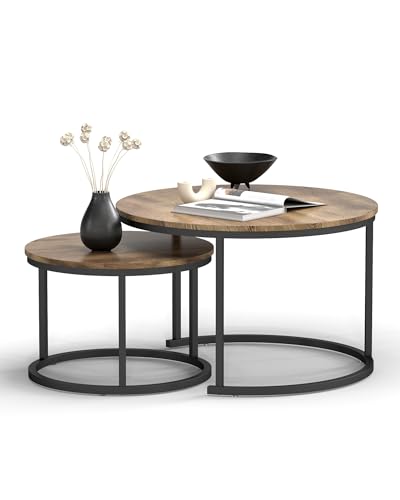 Amveya Couchtisch Rund Holz 2er Set, Beistelltisch Wohnzimmer mit schwarzem Rahmen,Coffee Table, Moderner Wohnzimmertisch Rund Holz