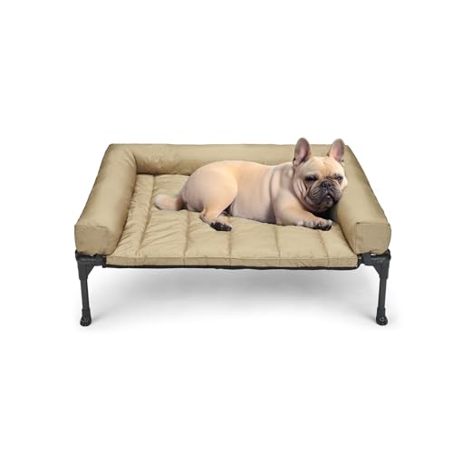 Veehoo Outdoor Hundeliege erhöht, Hundebett Erhöht mit abnehmbarem Bloster Kühlendes Erhöhtes Hundebett mit Atmungsaktivem Teslin-Netz für Haus und Garten, Beige 81 x 64 x 18cm