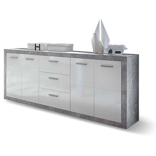 Stone Kommode mit Schubladen in Beton Optik, Weiß Hochglanz - Moderne Kommode mit viel Stauraum für Ihren Wohnbereich