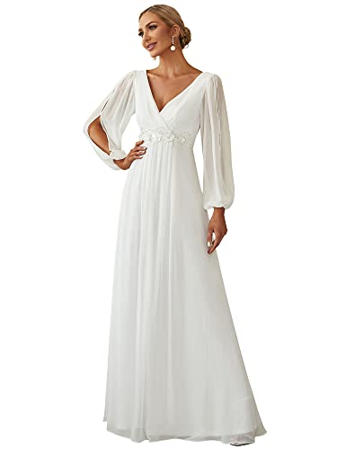 Ever-Pretty Damen Stilvolle Chiffon V-Ausschnitt Applique Plus Size Abendkleider mit Langen Laternenärmeln Weiß EU48
