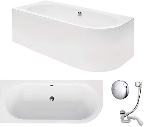 VBChome Eckbadewanne 160x75 cm – Acryl Komplett-Set 4-in-1: Wanne, Schürze, Siphon, Ablaufgarnitur in Chrom – Moderne Badewanne für 2 Personen, Links, Weißes Design