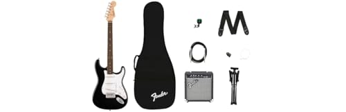 Squier by Fender Debut Collection Stratocaster E-Gitarre mit Frontman 10G Amp, gepolstertem Gigbag, Gurt, Kabel, Plektren, Gitarrenständer, Clip-on Stimmgerät und einem Satz Reservesaiten.