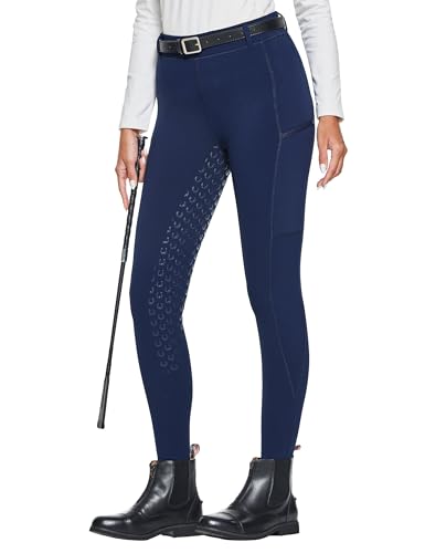 FitsT4 Sports Damen Winterreitleggings Fleece-Reithose Silikon Vollbesatz Reithose mit Reißverschluss-Taschen und Gürtelschlaufen,Militärblau,M