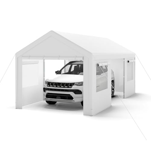 GYMAX extra großes Carport Zeltgarage, Lagerzelt mit aufrollbaren Fenstern, abnehmbaren Seitenwänden &Türen, wasserfeste PE-Plane, wetterfeste Autogarage für Auto, SUV (3 x 5.8 m,Weiß)