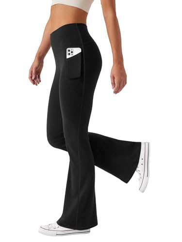 Friptspyg Hosen Damen mit Taschen Schlag Yogahose Hoher Taille Sporthose Elastische Freizeithose，Schwarz M