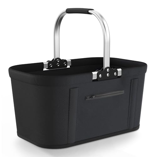 Yeabett 30L Faltbarer Einkaufskorb mit 4 Stützstangen | Stabiler Tragekorb & Picknickkorb | Großer Faltkorb für Familie (46x27x25cm) | Mit gepolsterten Griffen | Für Einkauf, Reise, Camping (Schwarz)