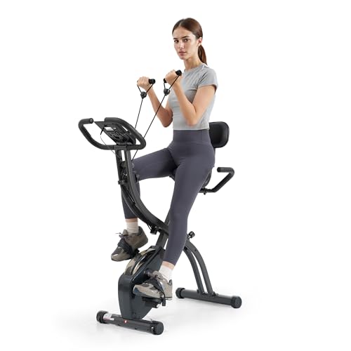 Klappbarer Heimtrainer Fahrrad mit 16-stufig einstellbarem Magnetwiderstand, Armwiderstandsbändern, LCD-Display, Rückenlehne, breitem Sitz, bis 136 kg belastbar