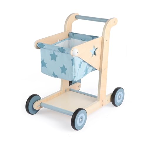 Asweets 2-in-1 Lauflernwagen Holz, Puppenwagen zum Schieben und Ziehen, Baby Walker, Kleinkindspielzeug, Geschenk für Kleinekinder ab 12 Monate+ (Blau)