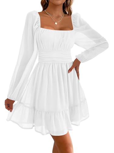 Imily Bela Damen Kleider Square Neck Partykleid Mesh Minikleid High Waist Falten Langarmkleid Hochzeitsgast mit Rüschen(Weiß, XL)