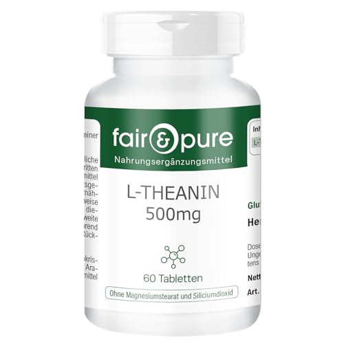 Fair & Pure L-Theanin hochdosiert 500mg, 60 Tabletten, Aminosäure, veganes Nahrungsergänzungsmittel ohne Zusätze, in Deutschland hergestellt