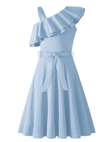 Arshiner Mädchen Kleider Eine-Schulter Kinderkleider Sommer Festliches Kleid Rüschenkragen Elegant Partykleider Swingkleid mit Gürtel ärmelloses Kleid für Mädchen 9-10 Jahre Hellblau