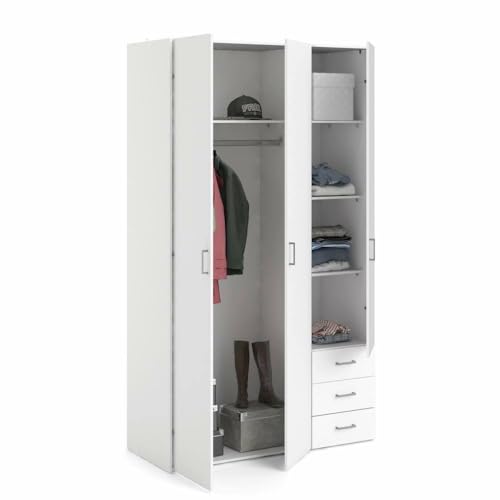 Kleiderschrank mit drei Türen und drei Schubladen, Farbe Weiß, Maße 115 x 200 x 49 cm