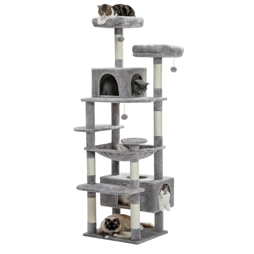 PAWZ Road Kratzbaum für große Katzen, 184 cm, 1,9 m großer Katzenturm mit Sisalüberzogenen Kratzbäumen und Pads, 2 gepolsterte Sitzstangen, Doppelhäuschen und Korb für Indoor-Katzen, Grau, 182,4 Zoll